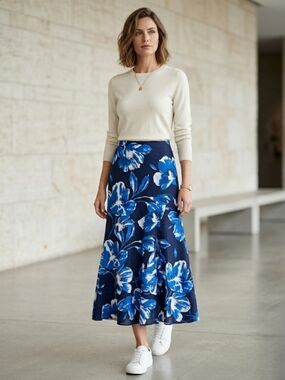 Julie Mitchell Blue White Linen Blend Tropical Floral Lighweight Flowy Zip Side